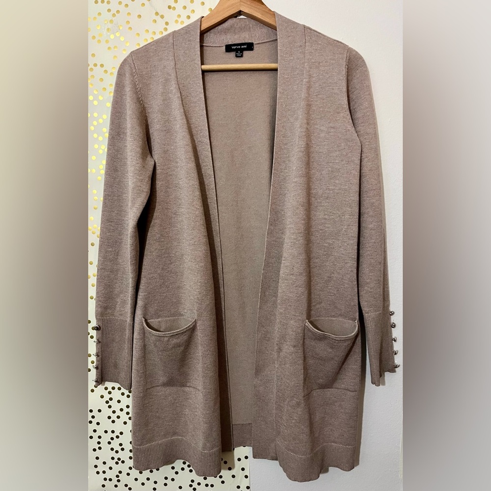 Verve Ami Light Brown Long Sleeve Cardigan w Gold Button Cuffs size Small
